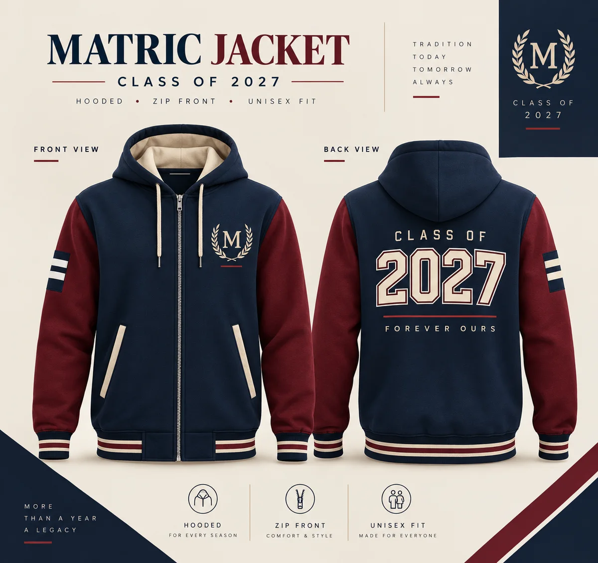 Front and back of a navy and maroon Class of 2027 hooded jacket