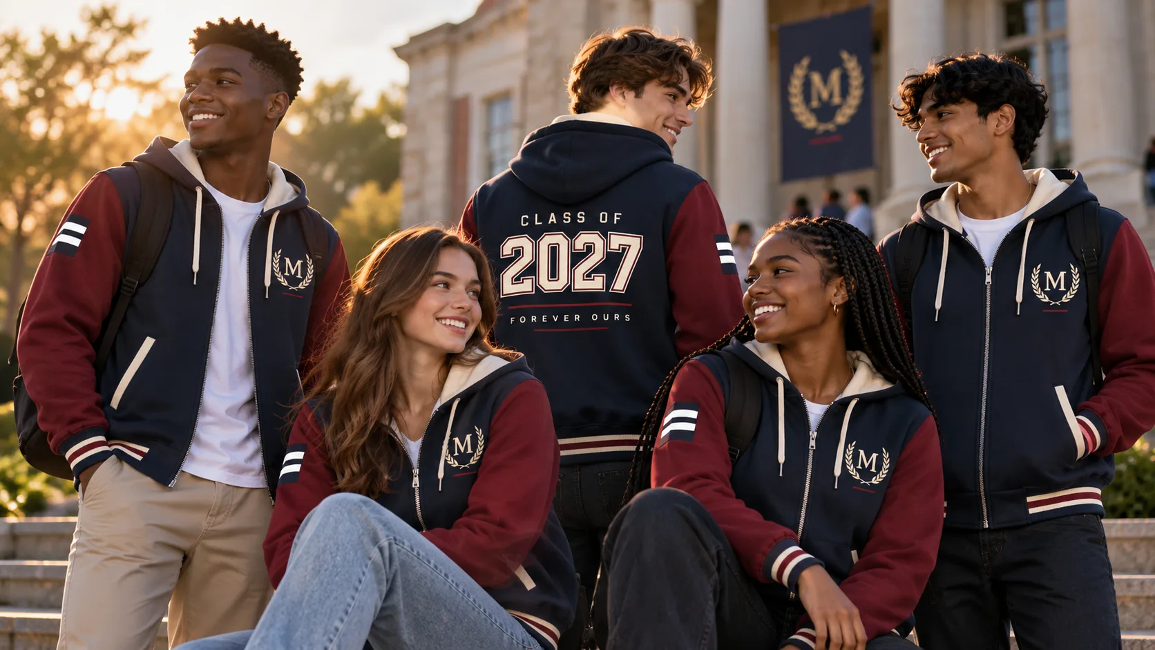 Matric friends celebrating together in navy and maroon Class of 2027 jackets