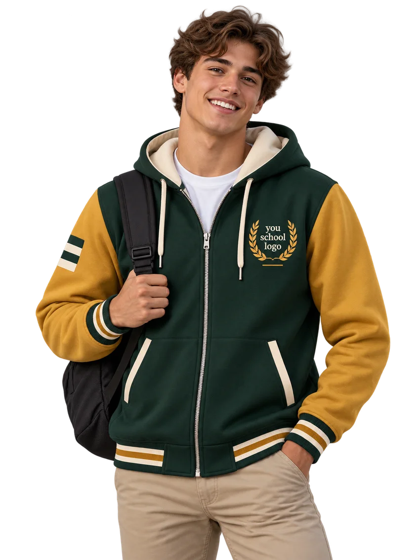 Learner wearing a green and gold hooded matric jacket